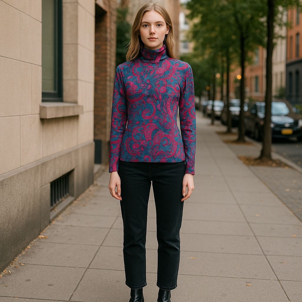 PETITE ILLUSTRATIONS SIZE 6 PRE-OWNED Purple and Blue Paisley Turtleneck Sweater